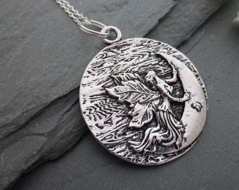 Magical Fairy on the Moon Silver Necklace Pendant 28" Brass Cable Chain, Fantasy, UK Seller