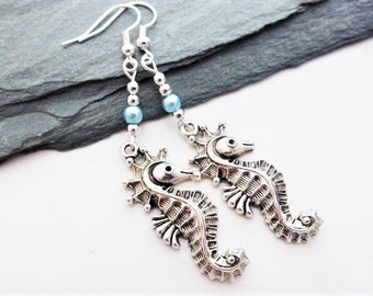 Pretty Seahorse & Turquoise Blue Glass Pearl Silver Dangle Pierced Earrings, Jewellery, Gift, UK Seller