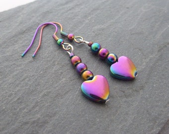 Cute Rainbow Hematite Heart Earrings on Rainbow Plated Stainless Steel Earwires, Handmade Jewellery, Jewelry,  UK Seller