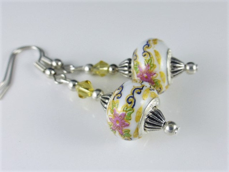 UK Seller Chinese Style Yellow /& Pink Porcelain Beads with Gold Crystals Jewellery Drop Dangle Earrings