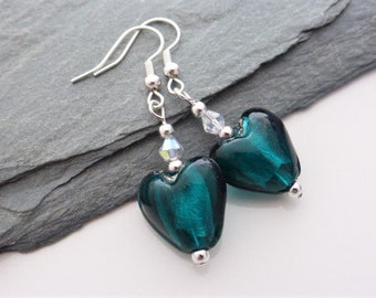 Pretty Green Glass Foil Heart & Clear Crystal Drop Dangle Earrings, Jewellery, Jewelry, Earrings, UK Seller