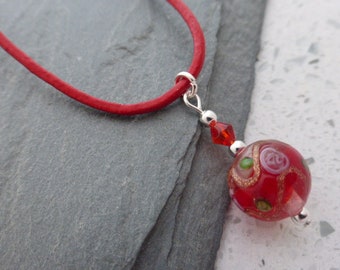 Pretty Red Lampwork Glass & Crystal Drop Necklace on 18" Red Leather Cord,  Gift, UK Seller