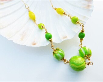 Zesty Handcrafted Green & Yellow Swirl Polymer Clay Wire Wrapped Necklace, Jewellery by Brontique, Jewelry, Gift, UK Seller