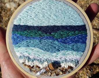 Embroidered Seascape Hoop, Thread Painting Landscape Sea Art, Seaside Bathroom Decor, Personalised Mini Wall Art, New Home Unique Gift