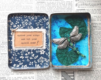 Mixed Media Dragonfly Art in Vintage French Tin, Altered Tin Art, Spread your Wings Let Your Spirit Soar, Quirky Art