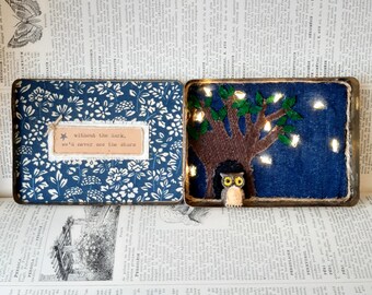 Quirky Tin Art with Owl and Stars, Altered Tin Art, Fairy Light Stars, Mixed Media Art