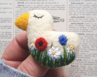 Cute Felted Duck Brooch, Flower Embroidery Art Brooch, Quirky Needle Felted Jewellery