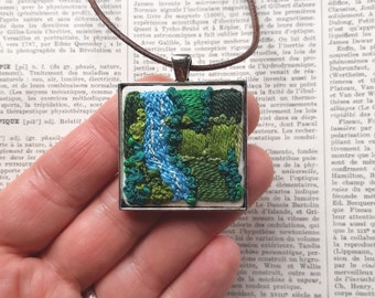 Birds Eye View Pendant, River and Fields Embroidery, Aerial View Landscape Embroidered Art,  Aerial View Green Field Embroidery Necklace