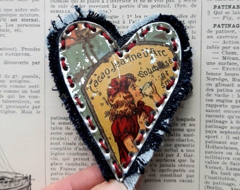 Tin Heart Brooch, Recycled Tin Jewellery, French Vintage Advertising Tin Brooch, Sewn Tin Statement Brooch, Vintage Chocolate Tin