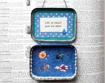 Cute Embroidered Swimmers Wall Art, Life is Simple Just add Water, Vintage French Tin Art, Altered Tin Mini Art