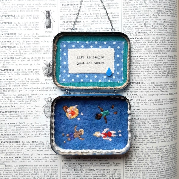 Cute Embroidered Swimmers Wall Art, Life is Simple Just add Water, Vintage French Tin Art, Altered Tin Mini Art