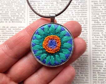 Turquoise Flower Embroidery Pendant, Thread Painting Art Jewellery, Embroidered Necklace, Cute Whimsical Flower Textile Art Embroidery