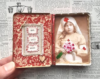 Embroidered Old Photo of Girl Nurse in Vintage French Tin,  Altered Tin Art, Get Well Soon Gift, Rare Vintage Tin, Quirky Art