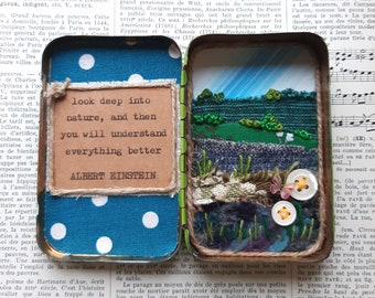 Cute  Embroidered Textile Landscape in Vintage French Tin,  Inspirational Einstein Quote, Altered Tin Mini Art
