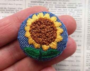 Embroidered Sunflower Brooch, Wearable Sunflower Artwork on Upcycled Denim Background