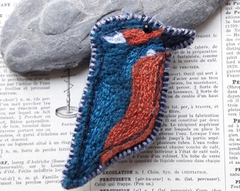 Cute Kingfisher Brooch, Embroidered Sewn Textile Fabric Bird, Statement Accessory Jewellery Pin Badge, Orange Blue Green Upcycled Denim