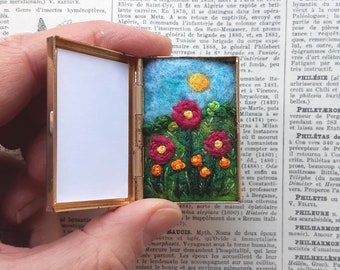 Tiny Embroidered Flower Landscape in Vintage Golden Pill Trinket Box, Felted and Embroidered Flowers Mini Artwork, Mixed Media Mini Art Gift