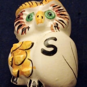 Vintage Owl Hand Painted Ceramic Salt Shaker, signed, 1960s, Collectible, Salt Shaker ONLY
