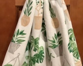 Double kitchen towel extra wide cotton terry lining flower pots green plants icrocheted green top Patten upside down other side