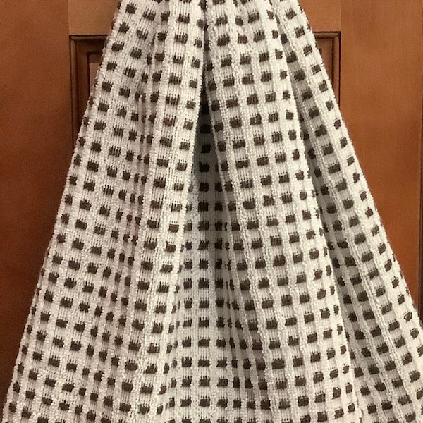 Double cream kitchen towel very heavy extra wide cotton brown squares crocheted brown top pattern same other side