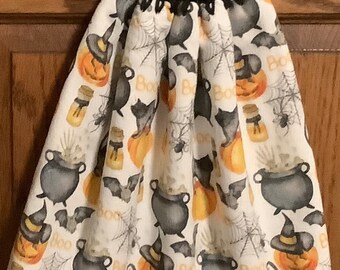 Double kitchen towel cotton Halloween cat witch bat spider boo crocheted black top pattern same other side