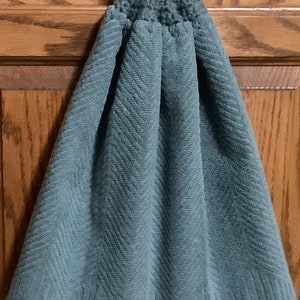 Double kitchen towel extra wide cotton  blue  herringbone pattern crocheted blue top Pattern same other side