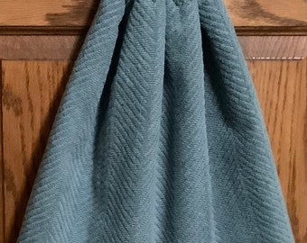 Double kitchen towel extra wide cotton  blue  herringbone pattern crocheted blue top Pattern same other side