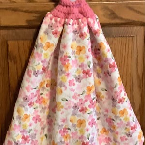 Double kitchen towel  extra wide cotton Terry lining flowers garden spring Crocheted pink top. Pattern upside down other side