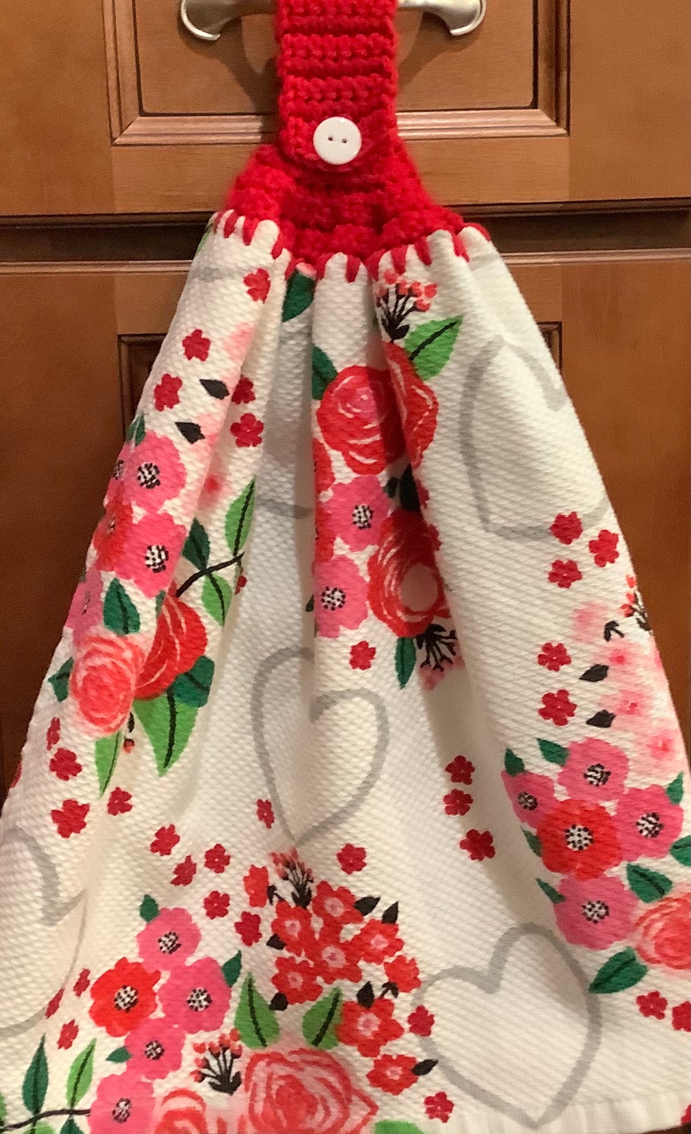 Double Kitchen Towel Extra Wide Cotton Terry Lining Valentine Flowers Hearts Love Crocheted Red Top Pattern Upside Down Other Sid