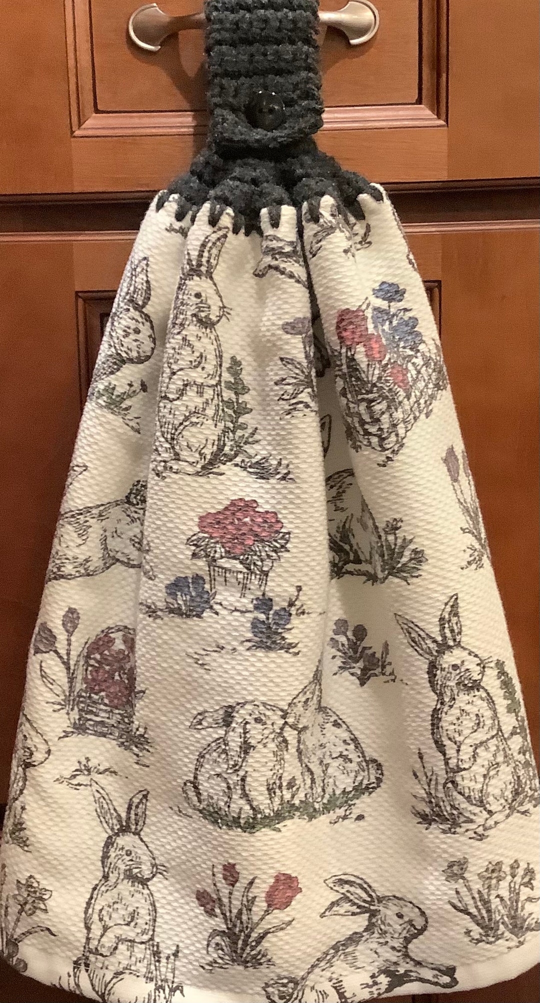 Double Kitchen Towel Extra Wide Cotton Black Easter Rabbits Flowers ...