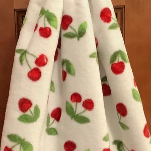 Double white kitchen towel extra wide cotton red cherries green leaves crocheted red top pattern similar other side