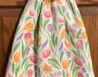 Double kitchen towel  extra wide cotton tulips daffodils flowers hyacinths Crocheted green top. Pattern same other side