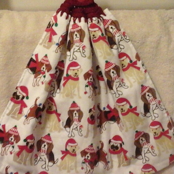 Double kitchen towel extra wide cotton terry lining dogs dressed for xmas red hat scarf Crocheted red top pattern upside down other side