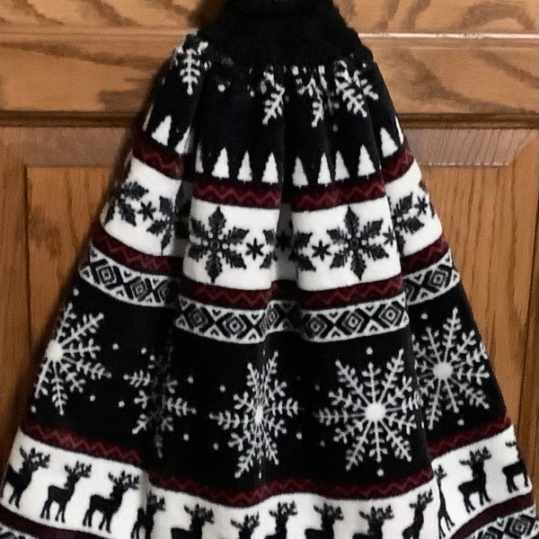 Double black kitchen towel extra wide cotton winter moose snowflakes trees crocheted black top pattern upside down other side