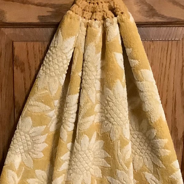 Double yellow kitchen towel VERY heavy cotton Embossed sunflowers crocheted yellow  top pattern upside down other side