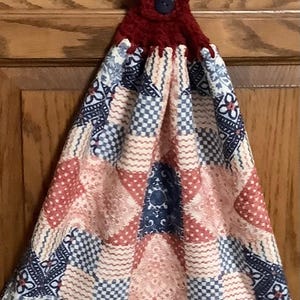 Double kitchen towel extra wide cotton  USA patriotic patchwork crocheted red top pattern same other side