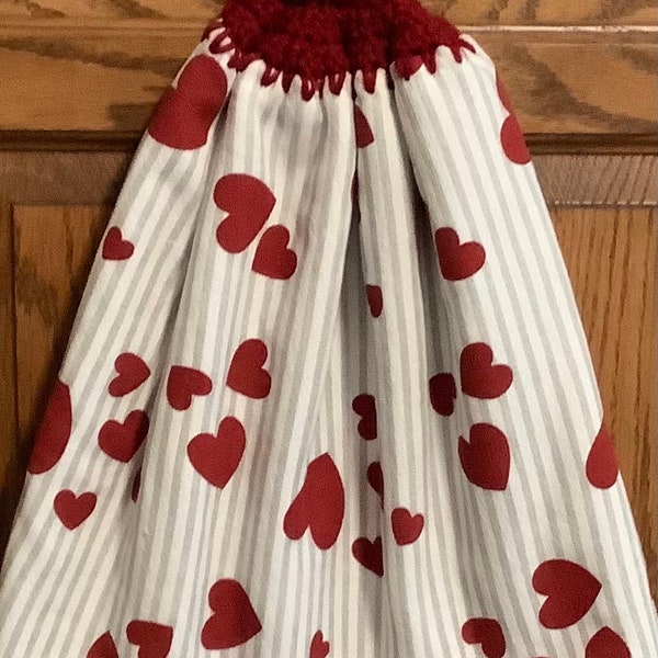 Double kitchen towel extra wide cotton valentine red hearts love crocheted red top pattern similar other side