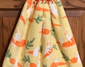 Double yellow kitchen towel extra wide soft cotton Easter rabbits carrots crocheted orange top Patten upside down other side