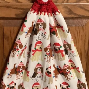 Double kitchen towel extra wide cotton terry lining dogs dressed for xmas red hat scarf Crocheted red top pattern upside down other side
