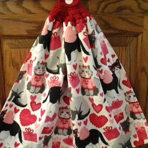 Double kitchen towel black gray cute valentine cats in costums hearts presents crocheted red top. Pattern upside down other side image 1