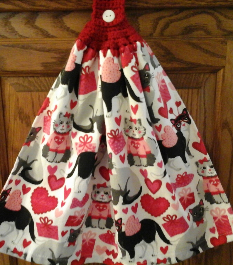 Double kitchen towel black gray cute valentine cats in costums hearts presents crocheted red top. Pattern upside down other side image 1