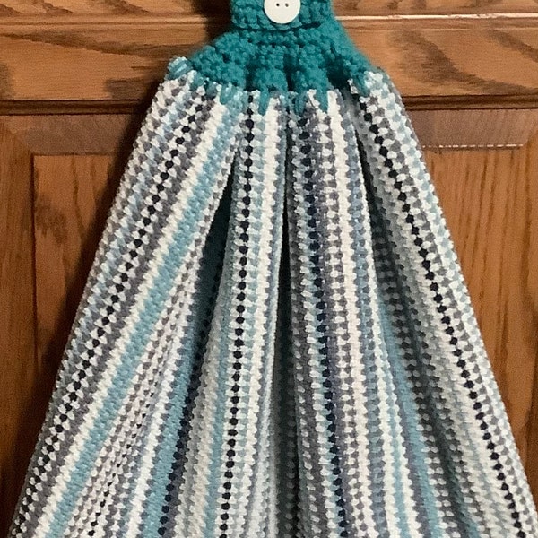 Double kitchen towel extra wide very heavy cotton stripes abstract crocheted teal top  pattern same on other side