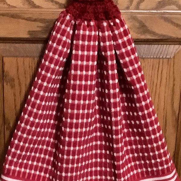 Double kitchen towel extra wide cotton Red white plaid check crocheted red top Pattern same other side