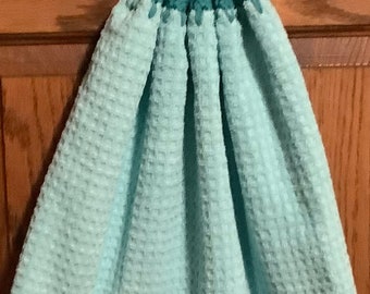 Double light teal kitchen towel extra wide waffle Terry crocheted teal top pattern sane other side
