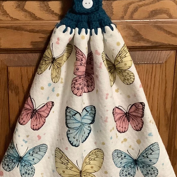 Double white kitchen towel heavy cotton blue yellow pink butterflies Crocheted teal top Pattern same other side