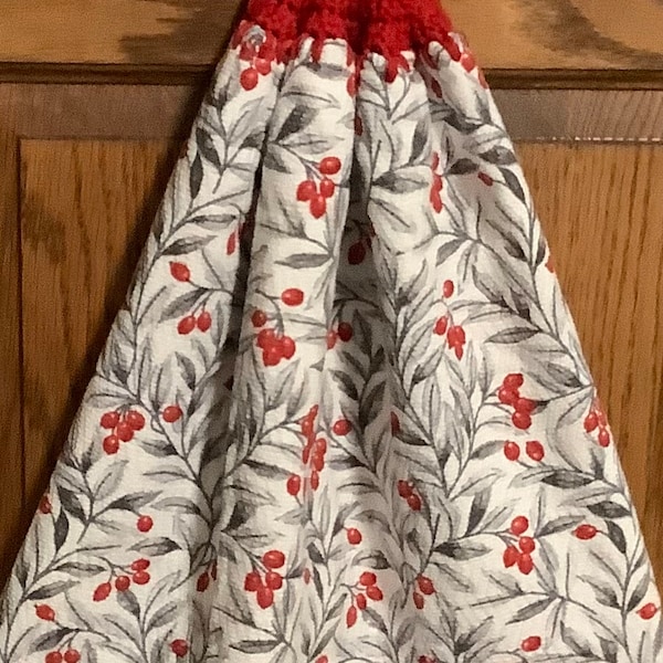 Double kitchen towel extra wide cotton xmas winter berries leaves crocheted red top pattern other side upside down
