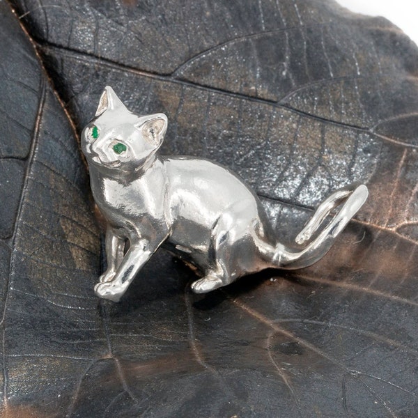 Cat Necklace or Ornament in Solid Sterling Silver with Emeralds.