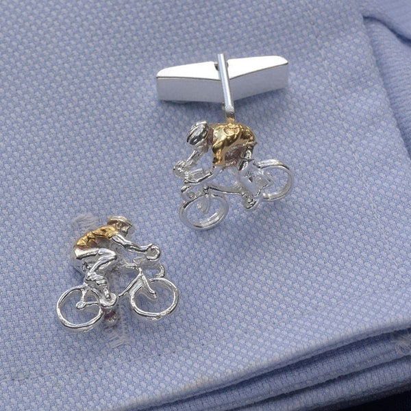 Cyclist Cufflinks in Sterling Silver and 18 Carat Gold.