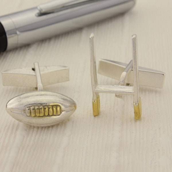 Rugby Ball and Post Cufflinks in Silver and Gold.