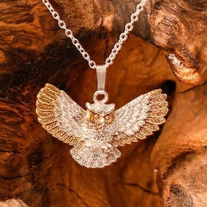 Owl in Flight Necklace in Sterling Silver and 18 Carat Gold Vermeil.
